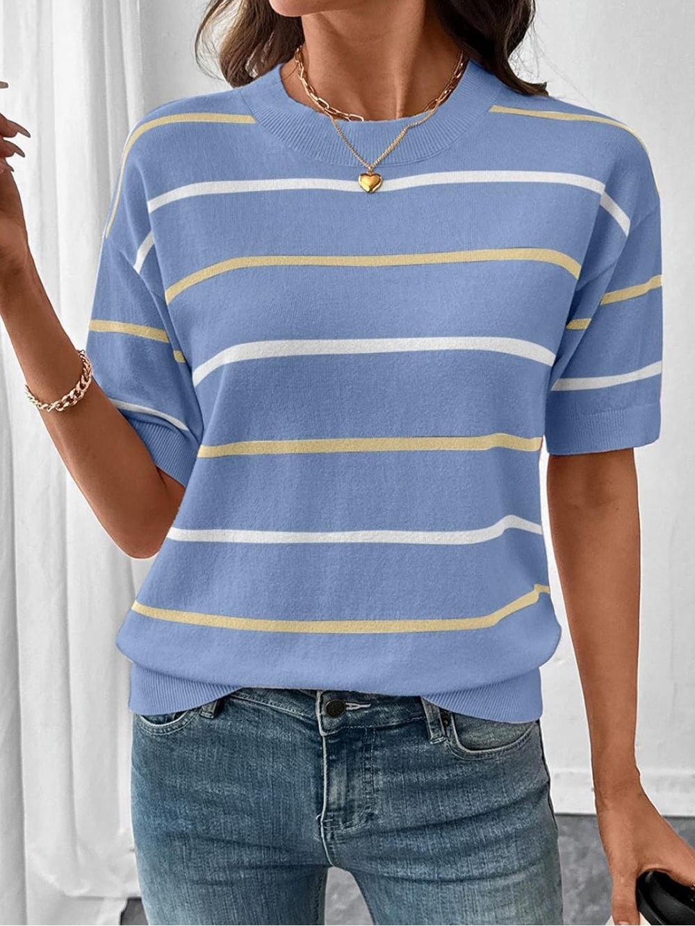 Pale Yellow Baby Blue Striped Crewneck Sweater